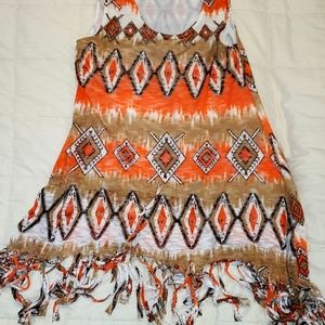 Tribal  sleevless fringed hem tunic dress